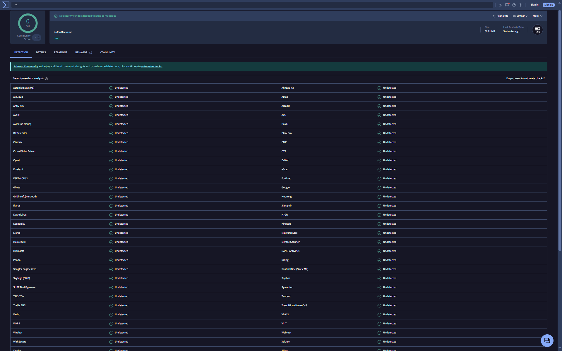 KO Pro Macro VirusTotal Tarama Sonucu - 0/62 Tehdit Yok
